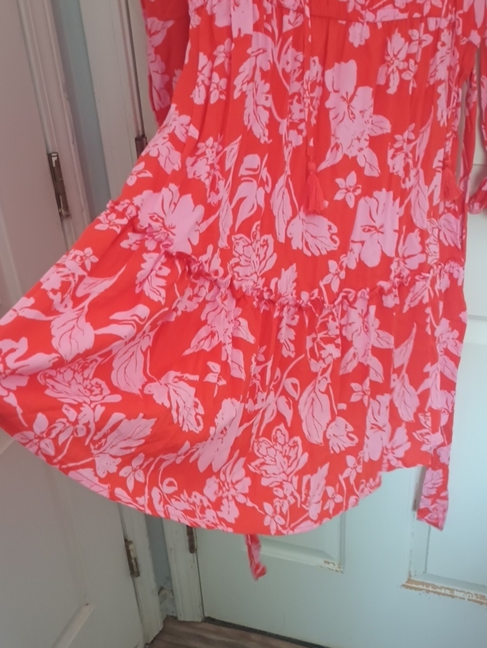 Absolutely Famous Coral and Light Pink Floral V-Neck Long Sleeve Tiered Dress - Picture 9 of 11